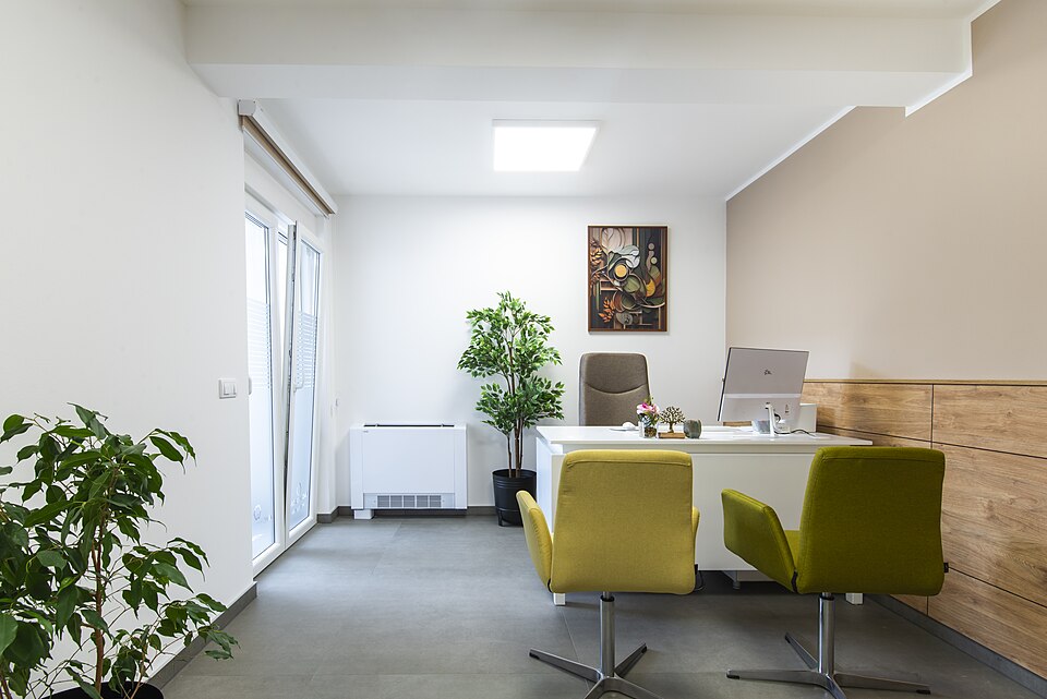 Bureau clair avec fauteuils d'accueil et plantes